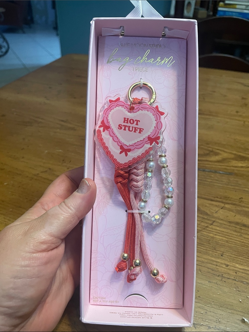 Pink "Hot Stuff" Heart Bag Charm with Beaded Tassel